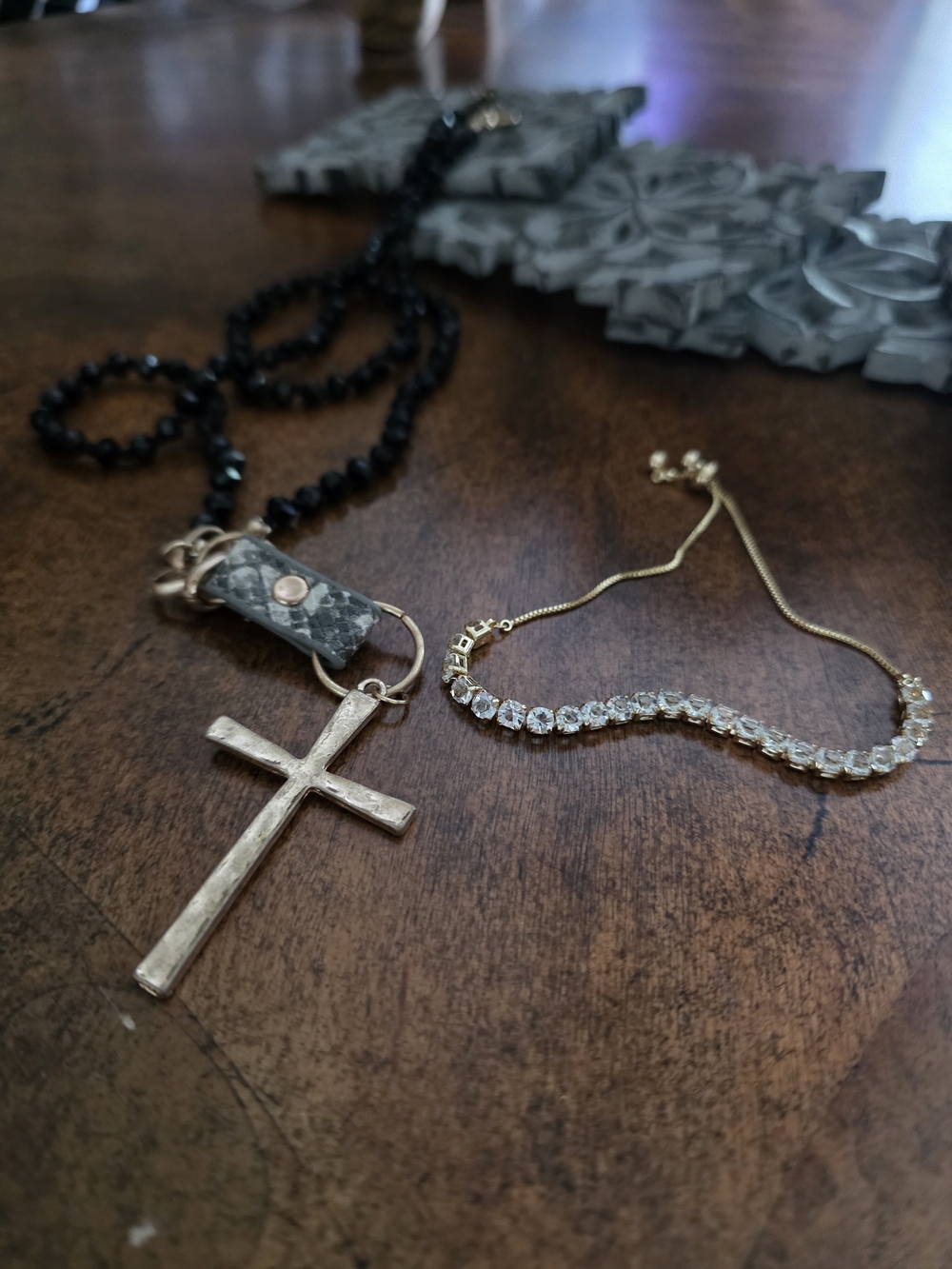 Gold Cross Pendant Necklace with Black Beads